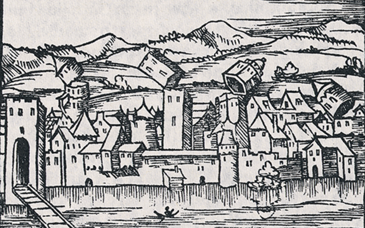 Das grosse Beben in Basel von 1356 auf einem Bild aus dem 16. Jahrhundert von Sebastian Münster. Quelle: seismo.ethz.ch