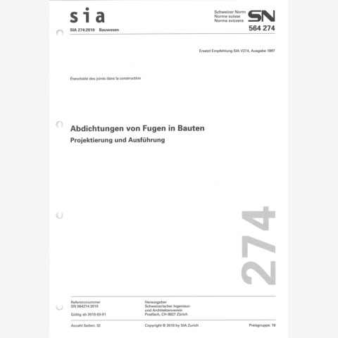 Norm SIA 274 Abdichtung von Fugen in Bauten - Projektierung und Ausführung