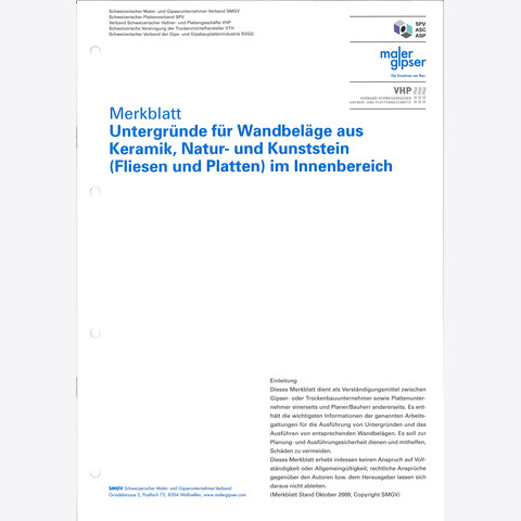 SMGV - Merkblatt Nr.57: Untergründe für Wandbeläge aus Keramik, Natur- und Kunststein im Innenbereich